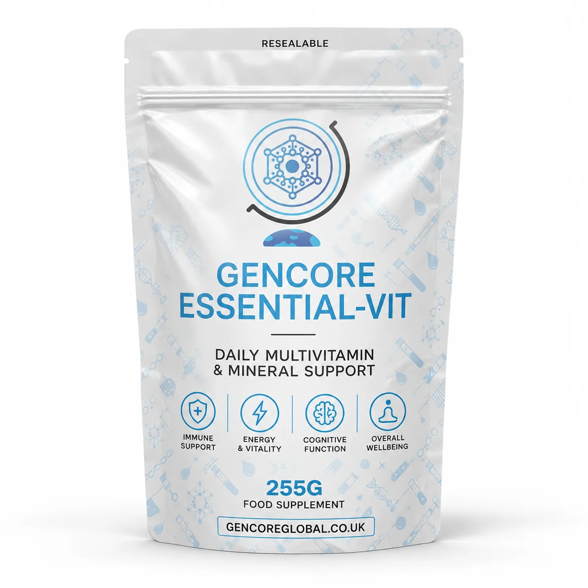 Gencore Essential-Vit 255g resealable pouch, daily multivitamin and mineral support