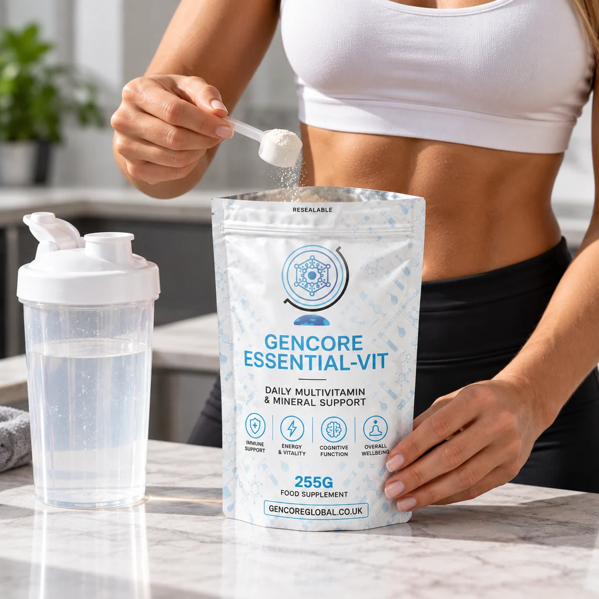 A scoop of Gencore Essential-Vit powder being measured into a shaker from the 255g pouch