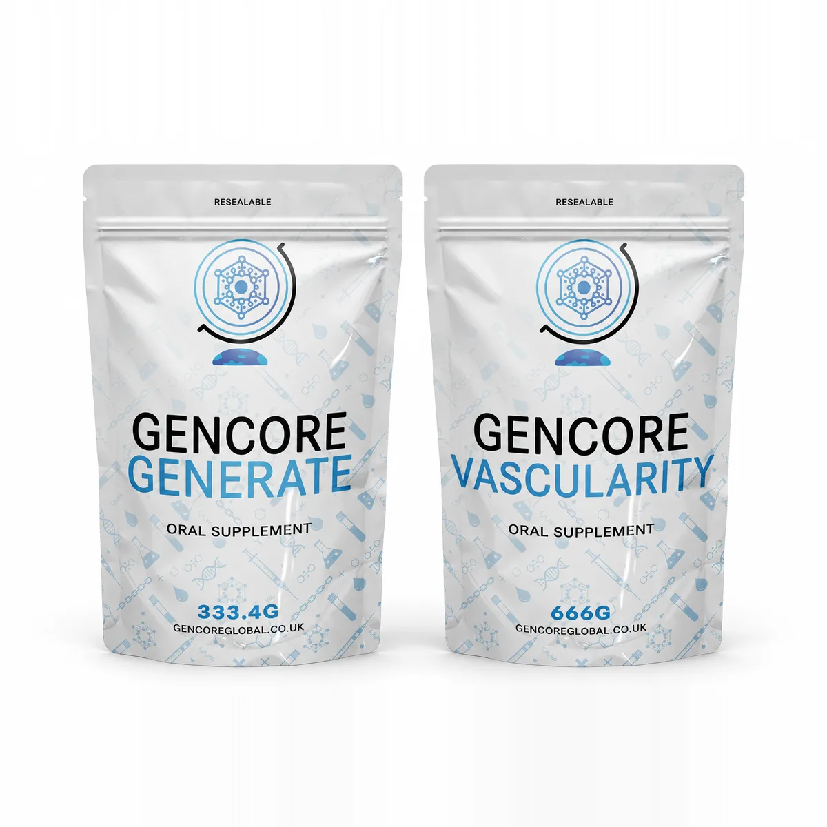 Gencore Generate and Gencore Vascularity pouches side by side