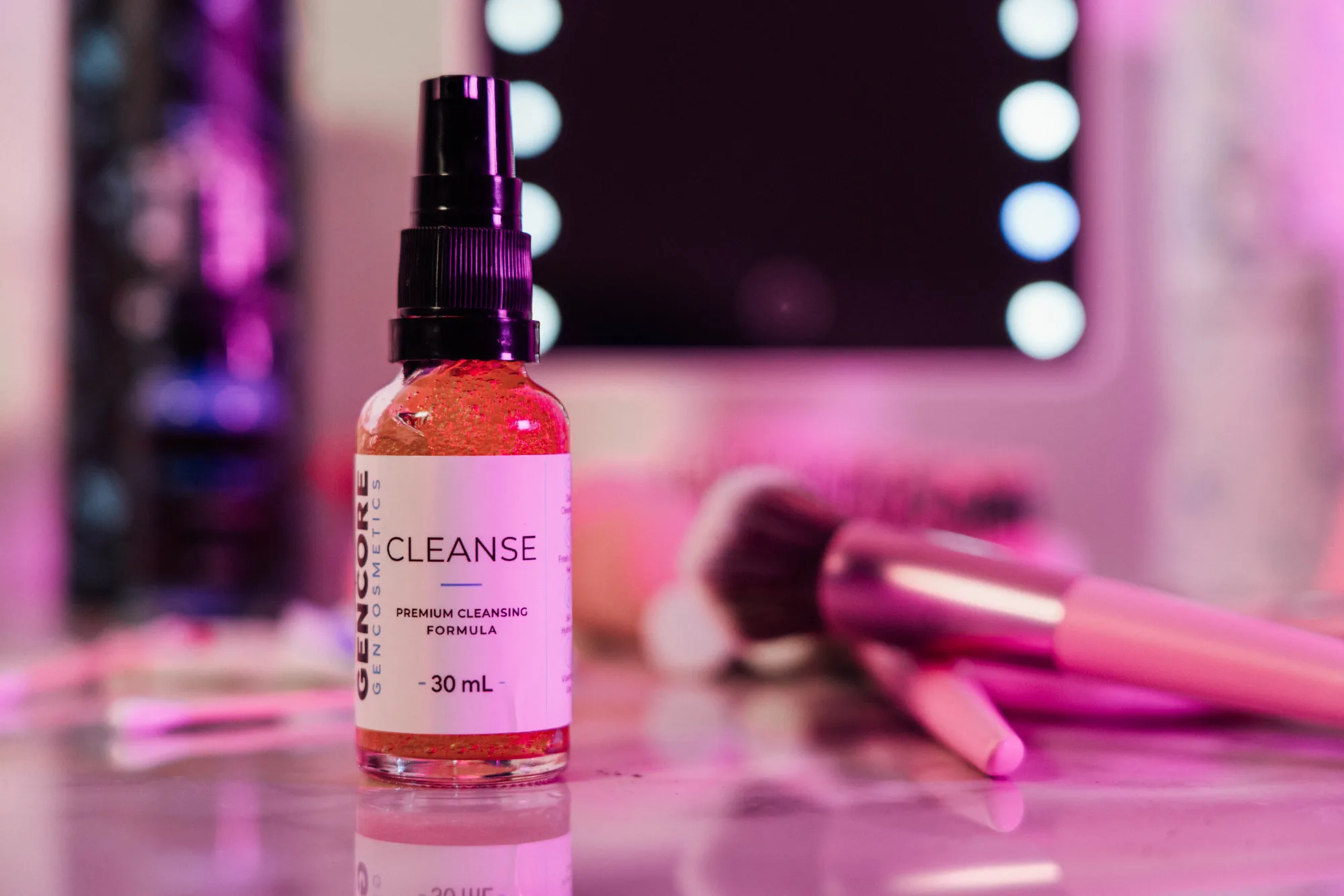 Gencore Cleanse 30ml vitamin C face wash on a vanity