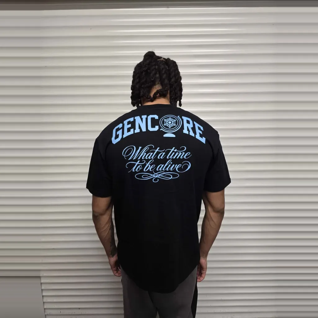 Back of the black Core T-Shirt, straight on, GENCORE What a time to be alive print