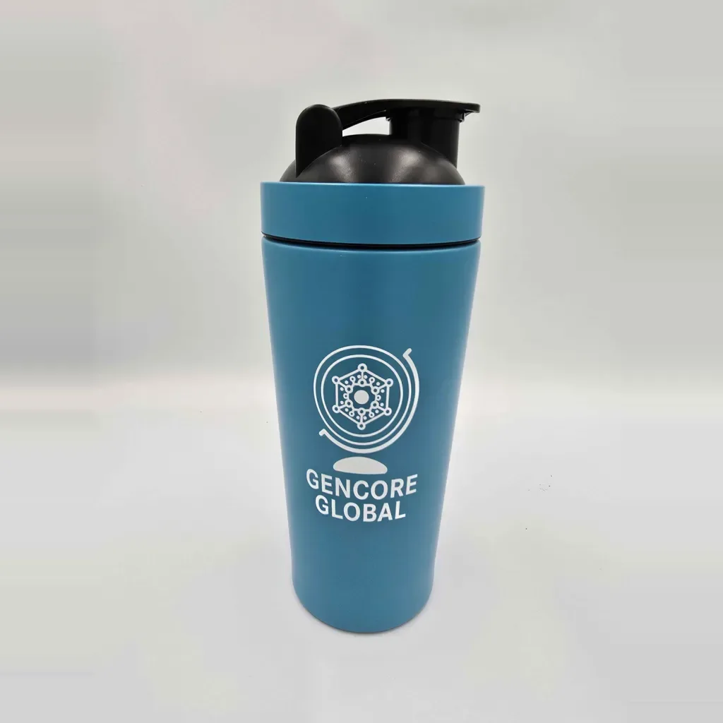 Gencore Global stainless steel protein shaker in blue with a black flip-top lid